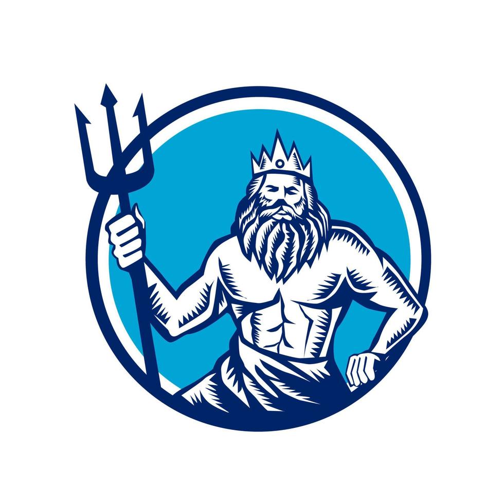Poseidon Trident Circle Woodcut vector