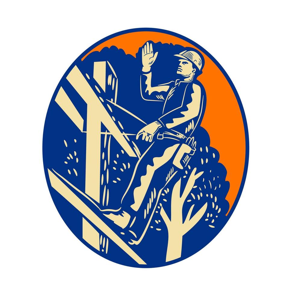 Power Lineman Electrician Post Helllo Oval Woodcut vector