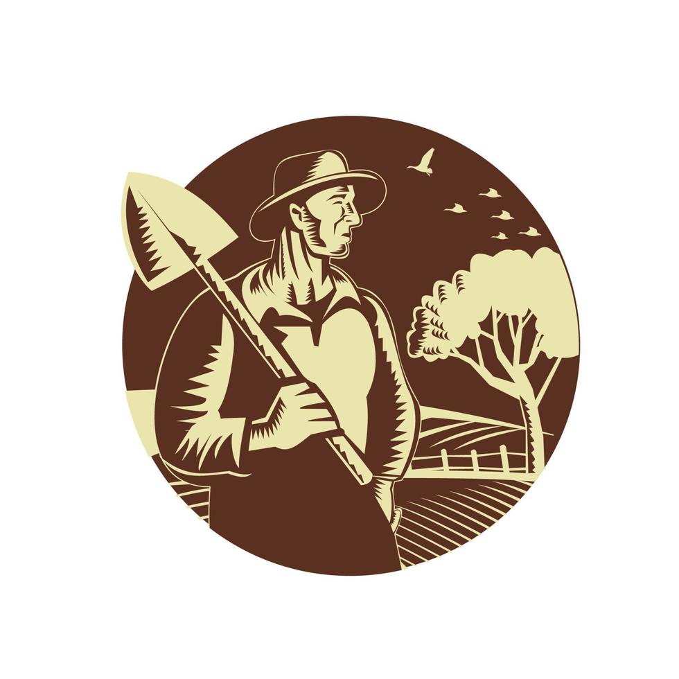 Organic Farmer Holding Shovel Farm Circle Woodcut vector