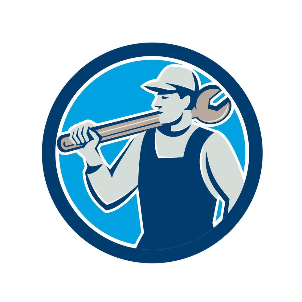 Mechanic Worker Holding Spanner Circle Retro vector