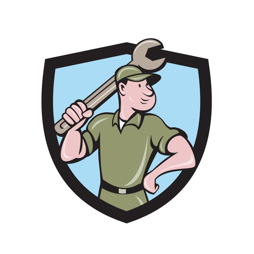 Mechanic Wielding Spanner Crest Cartoon vector
