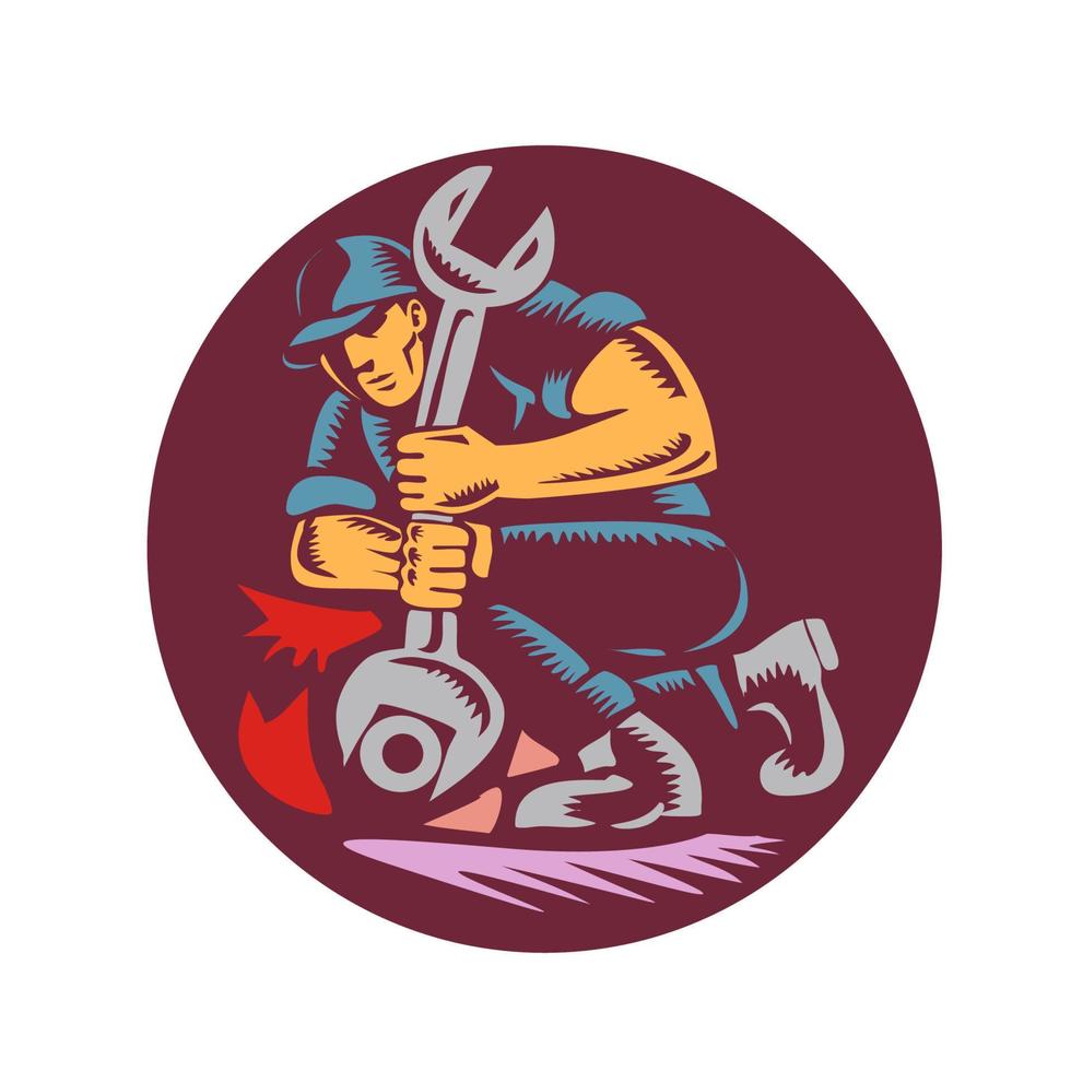 Mechanic Wrench Unscrewing Circle Woodcut vector