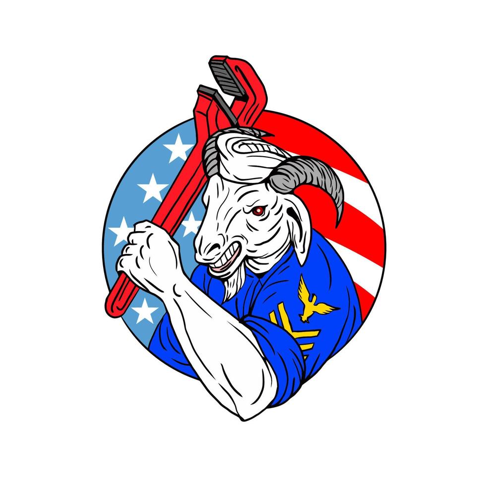 Navy Goat Holding Pipe Wrench USA Flag Circle Retro vector