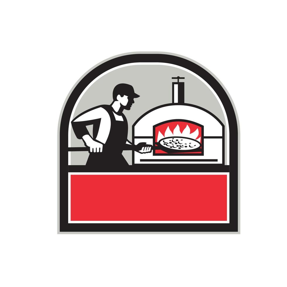 pizza cocinar cáscara horno de leña cresta retro vector