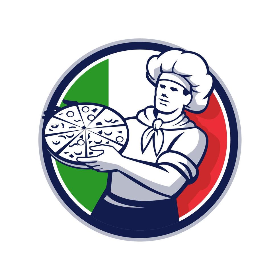 chef de pizza con pizza italia bandera círculo retro vector