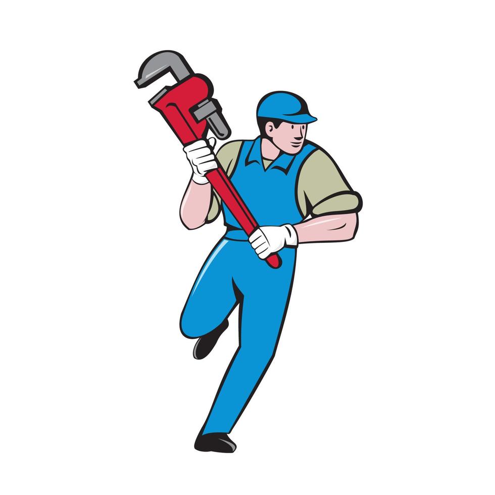 Plumber Running Monkey Wrench Cartoon vector