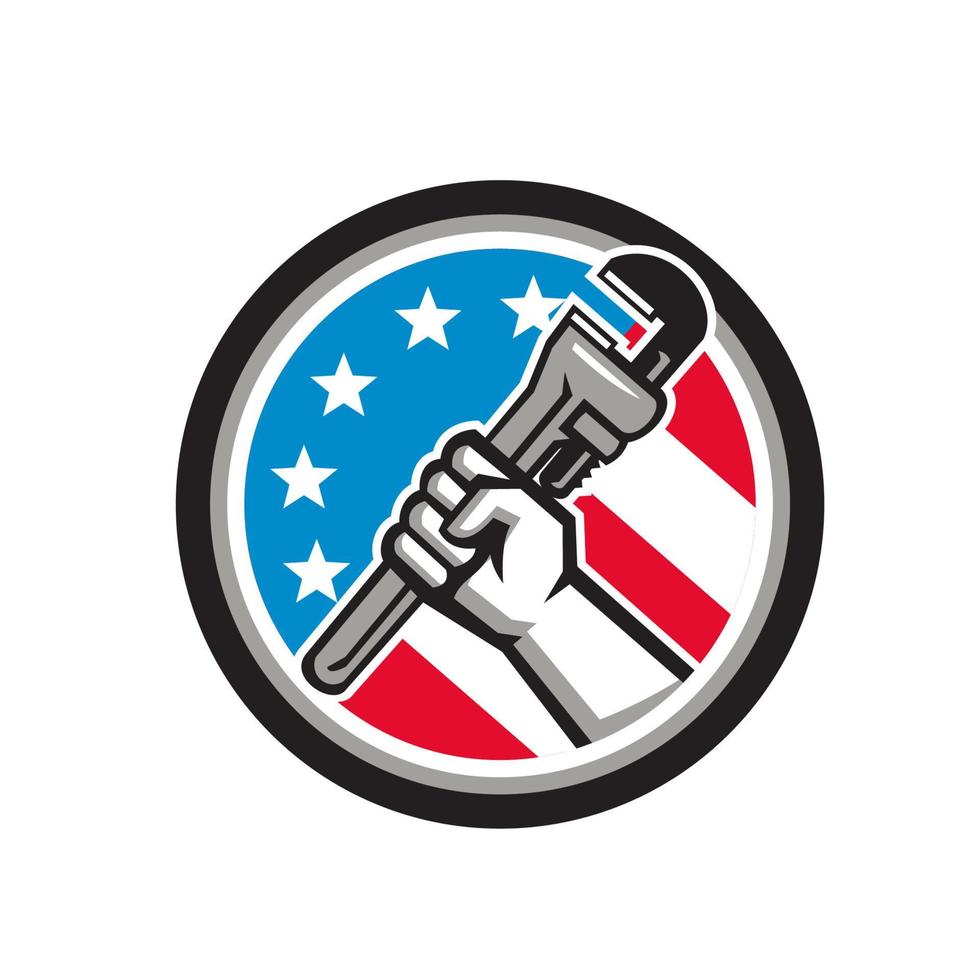 Plumber Hand Pipe Wrench USA Flag Side Angled Circle vector