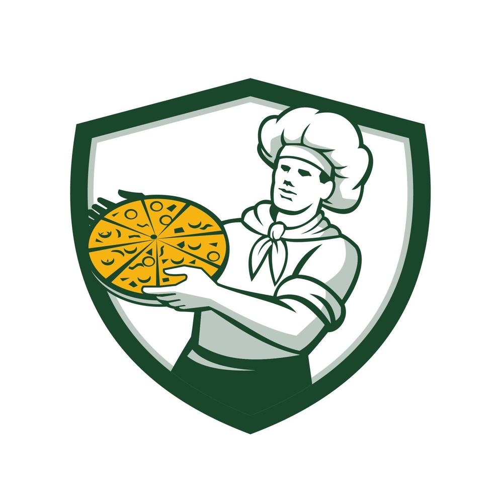 Pizza Chef Holding Pizza Shield Retro vector