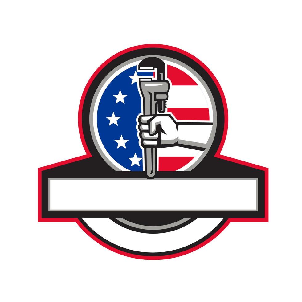 Plumber Hand Holding Pipe Wrench Flag Circle Banner Retro vector