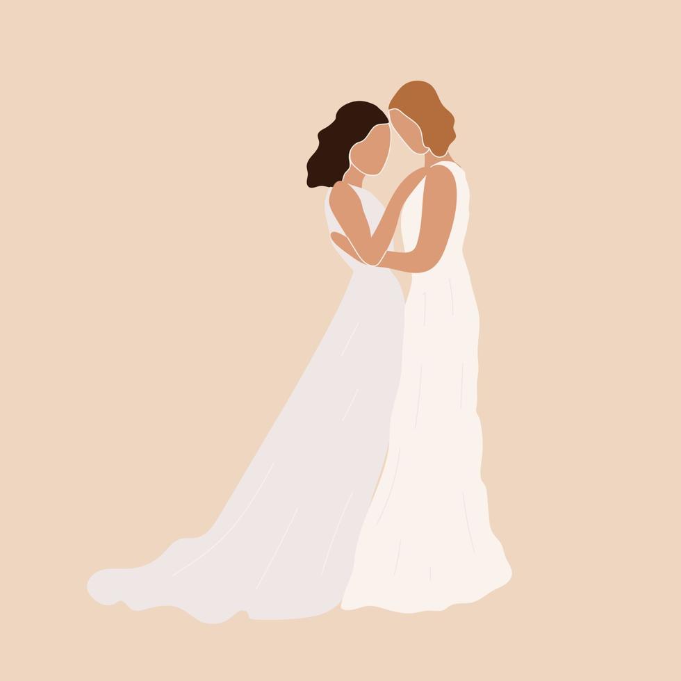 matrimonio de pareja de lesbianas. boda homosexual. novias en vestido lgbt recién casados. ilustración vectorial plana aislada sobre fondo blanco vector