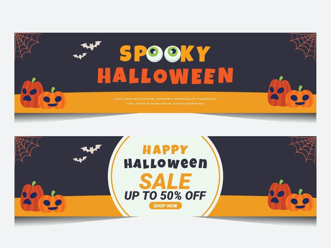 banner de promoción de venta de feliz halloween con tela de araña, calabazas y murciélagos vector