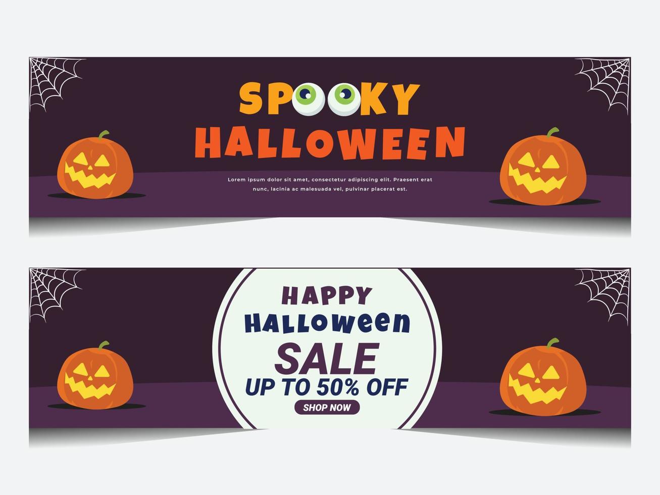 banner de promoción de venta de feliz halloween con tela de araña, calabazas y murciélagos vector