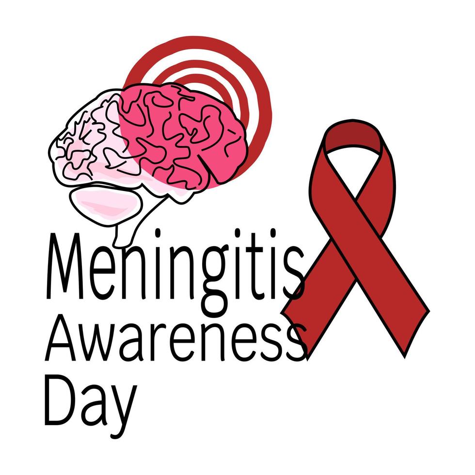 Meningitis Awareness Day, Schematic representation of the human brain with inflamed membranes, a dark red ribbon and an inscription vector