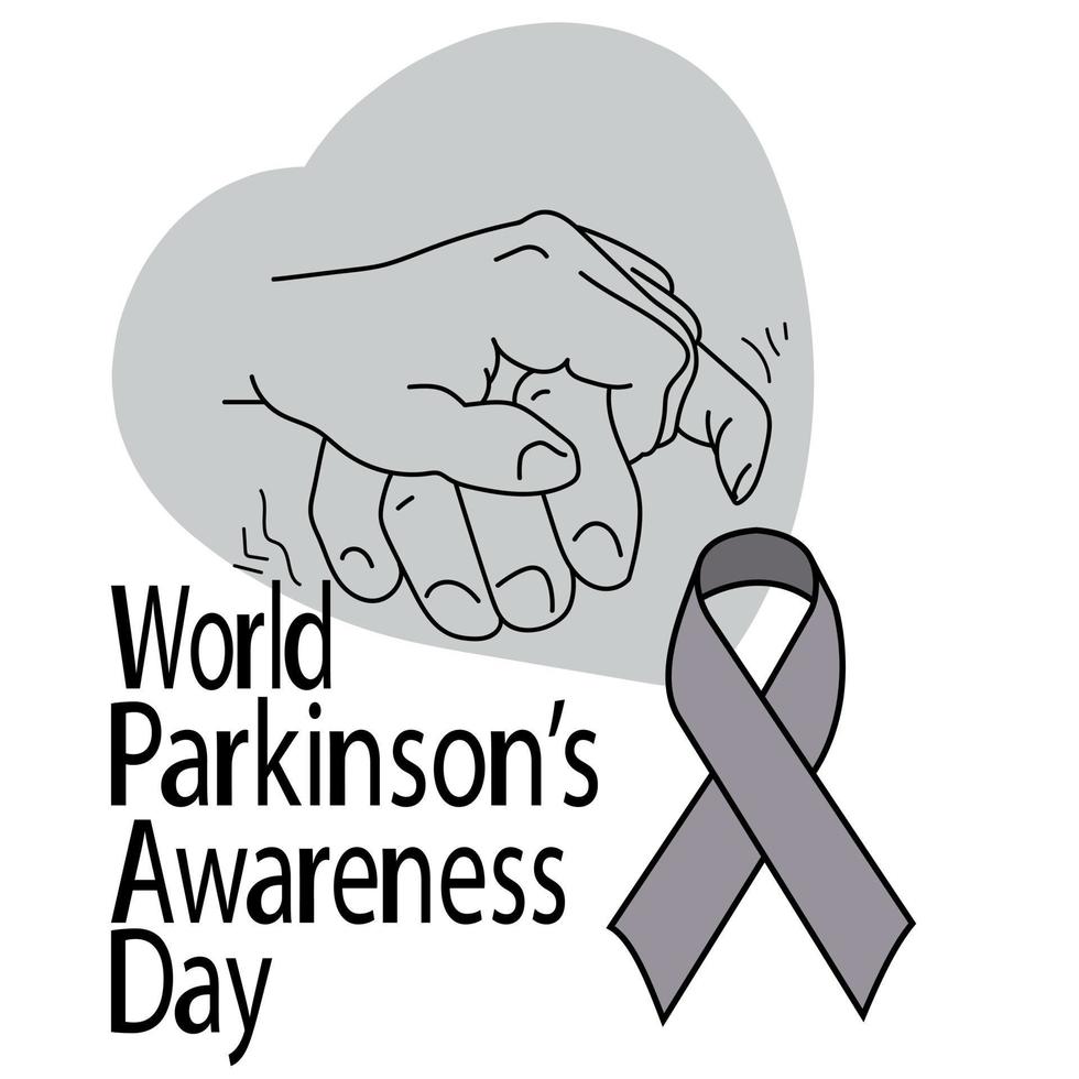 día mundial de concientización sobre el parkinson, mano de apoyo, cinta gris y letras, para el afiche o volante de información de diseño vector