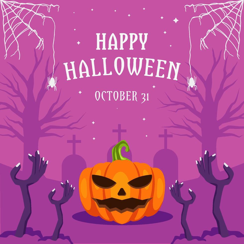 happy halloween illustration with pumpkin, zombie hands, tree, and cobweb vector