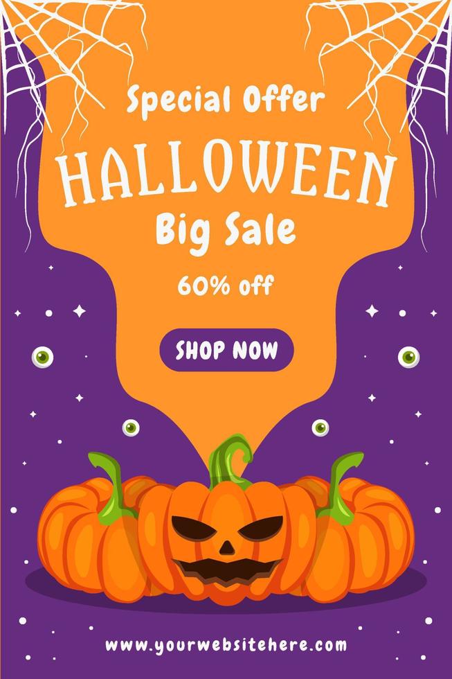 cartel de venta de halloween con calabaza aterradora y telaraña vector