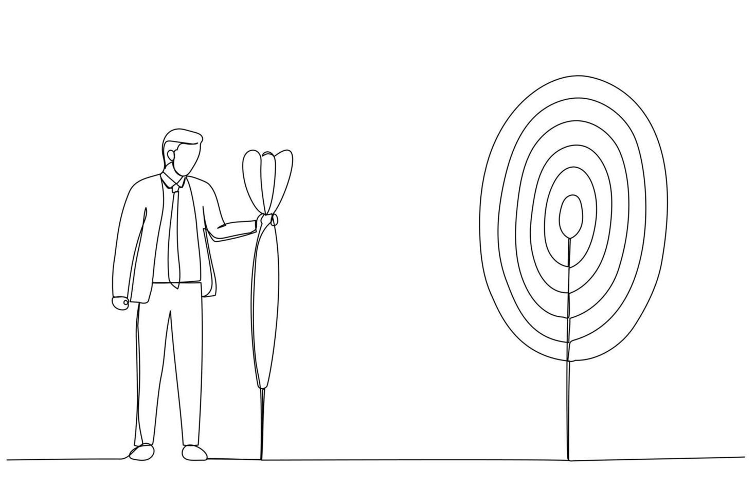 Cartoon of purposeful businessman with spear in hand looks at the target. Metaphor for achievement of goal. Single continuous line art style vector