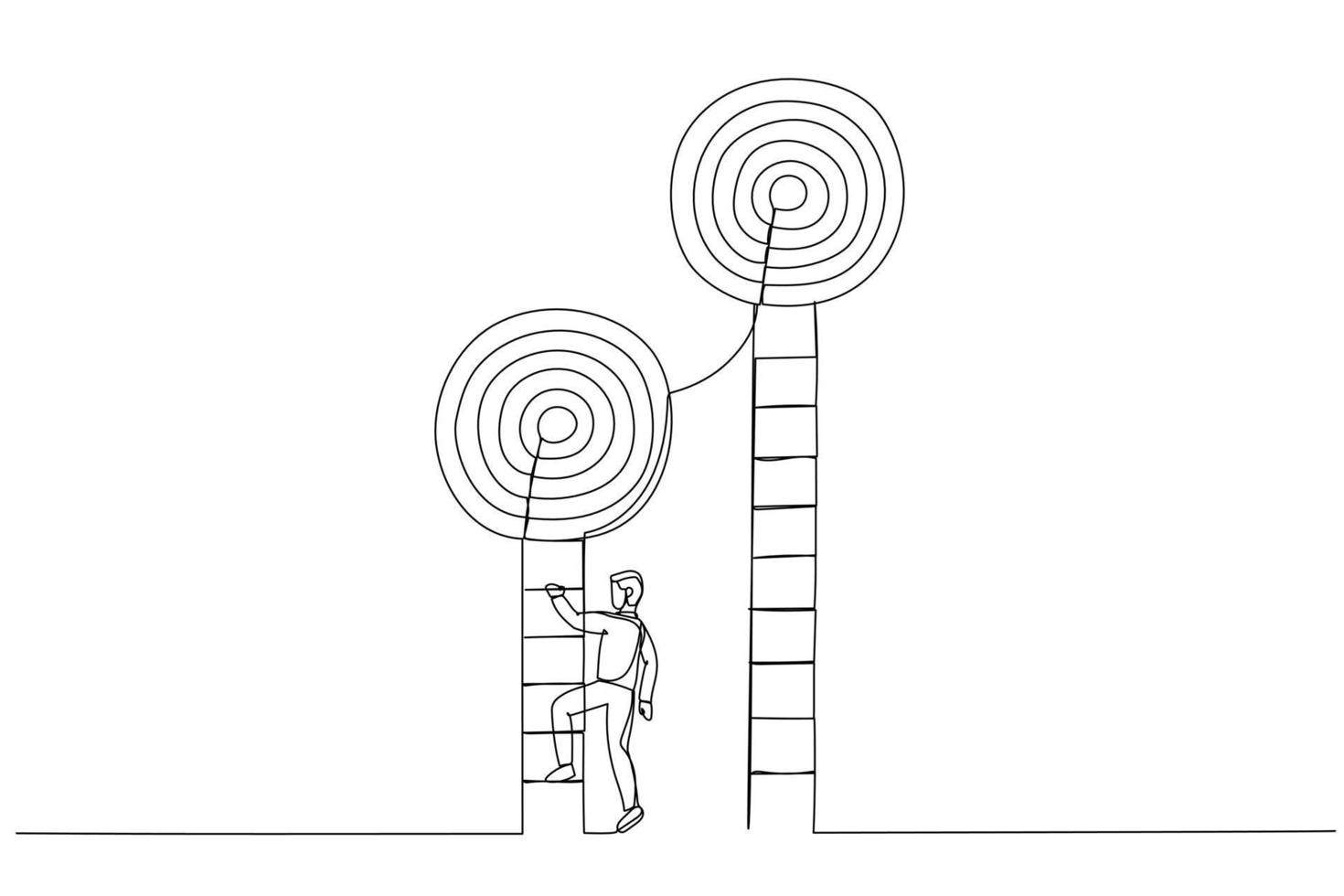 Drawing of smart businessman about to climb up ladder to achieve short term goal. Metaphor for focus on short term goal to achieve long term success. One line style art vector