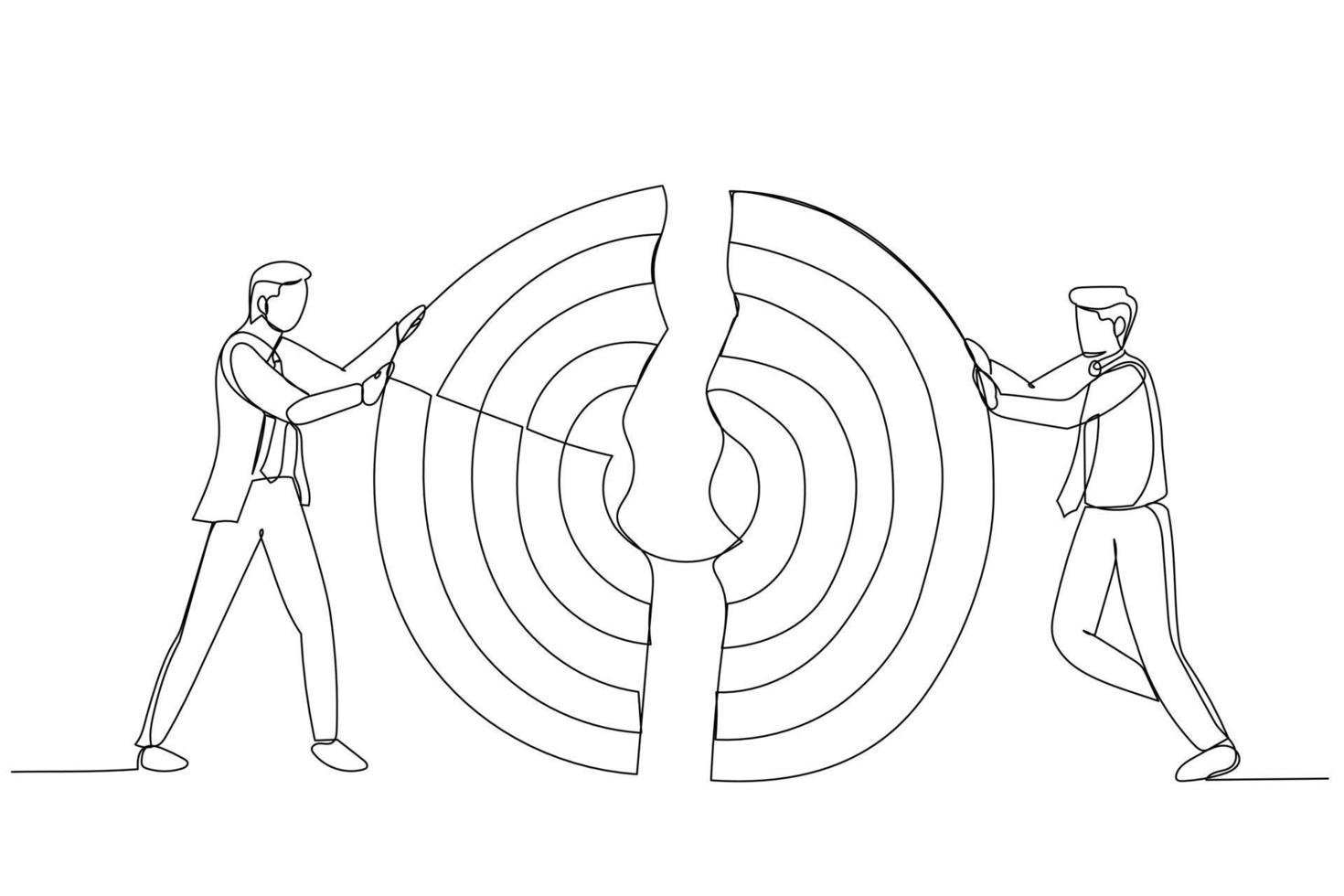 Illustration of Businessmen pushing a pieces of big target together. Metaphor for business teamwork. One line art style vector
