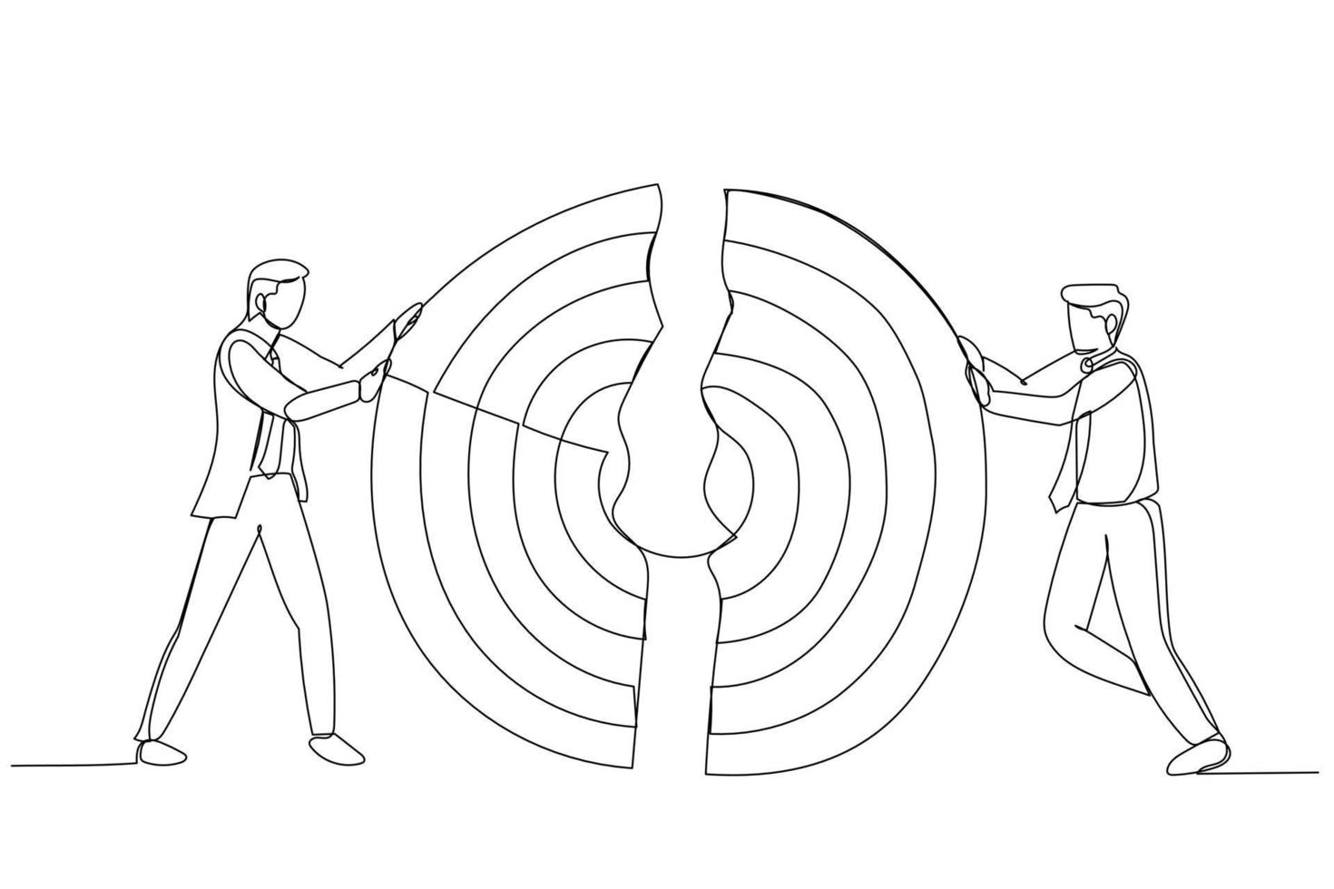 Illustration of Businessmen pushing a pieces of big target together. Metaphor for business teamwork. One line art style vector