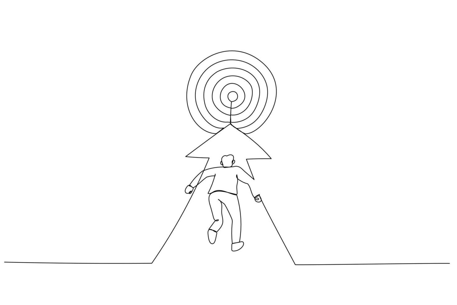 Cartoon of businessman running to the target. Metaphor for reaching the target. Continuous line art vector