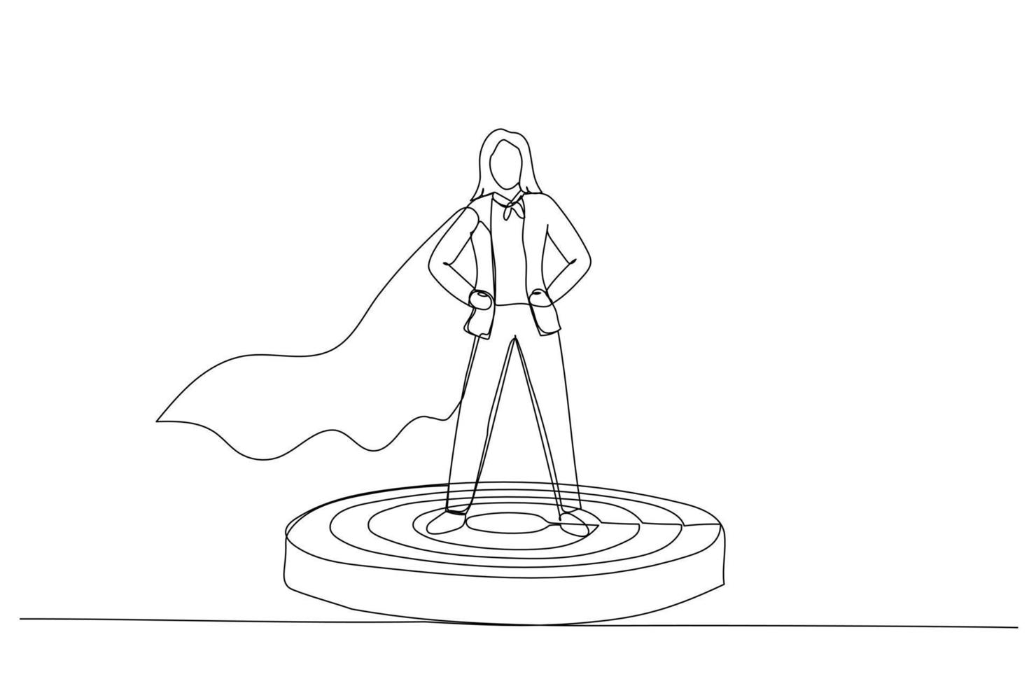 Illustration of businesswoman superhero leader on podium, standing proud and strong. Metaphor for business womanagement and boss. Single line art style vector