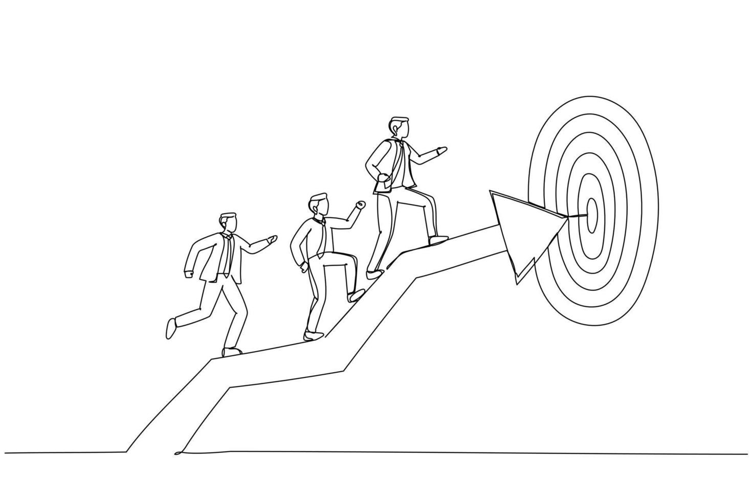 Illustration of business man coworkers walking up arrow to reach target. Metaphor for team target or achievement, teamwork or leadership. One line art style vector