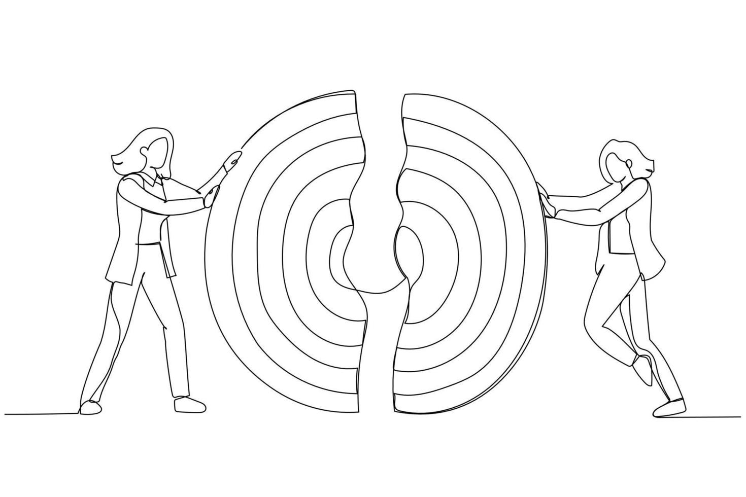 Drawing of businesswomen pushing a pieces of big target together. Metaphor for business teamwork. Single continuous line art style vector