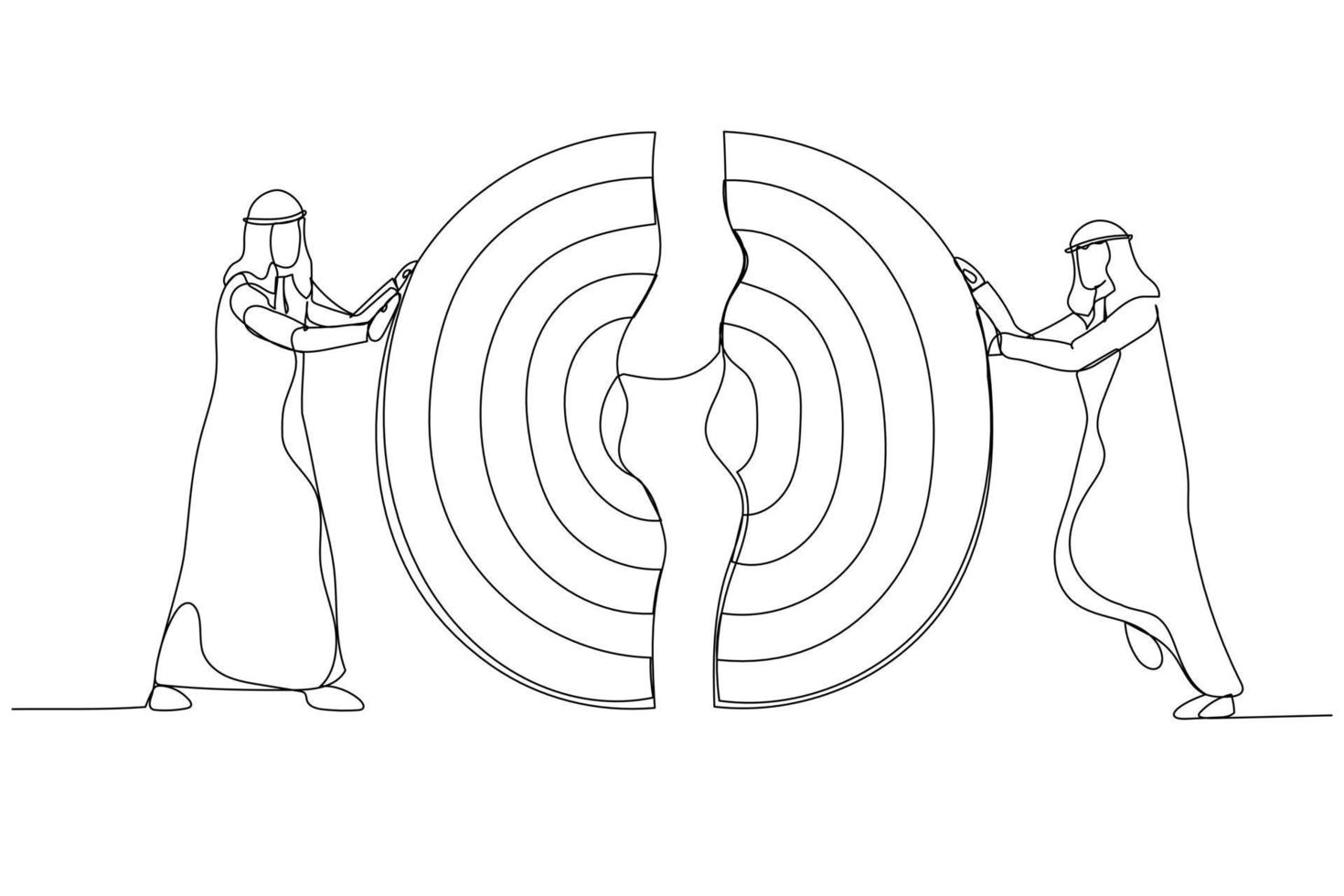 Illustration of arab businessmen pushing a pieces of big target together. Metaphor for business teamwork. Single continuous line art style vector