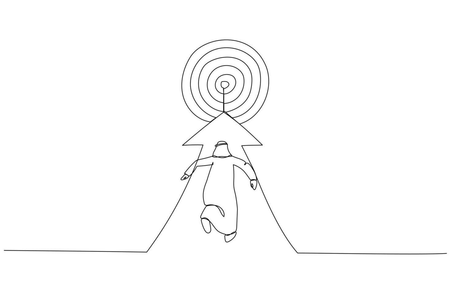 Cartoon of arab businessman running to the target. Metaphor for reaching the target. One continuous line art style vector