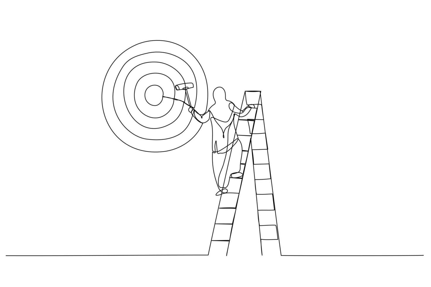 Illustration of ambitious muslim businesswoman on ladder using paint roller to paint big dartboard, archery target. Single line art style vector