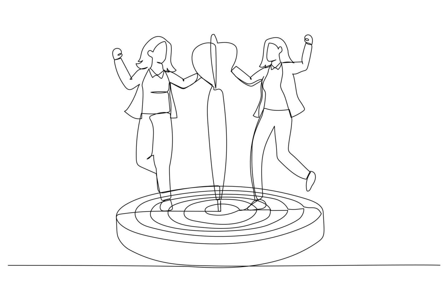 Cartoon of business woman in a business suit with a dart in his hand.  Concept for achieving goal. One line art style vector