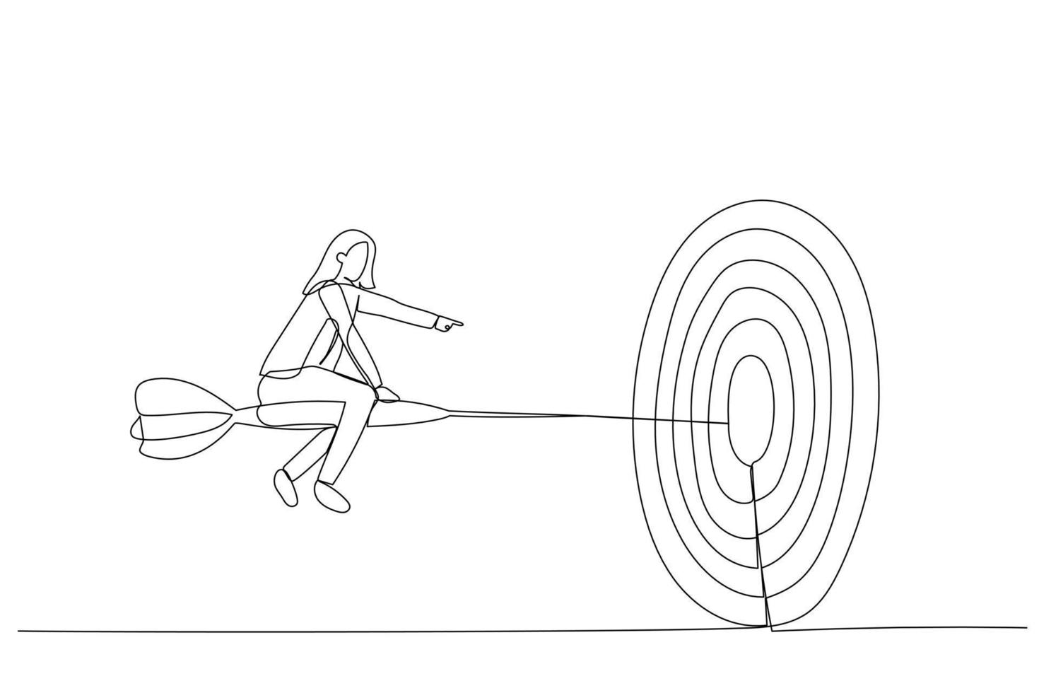 Illustration of confidence businesswoman riding dart aiming for target. Metaphor for target, goal, and strategy. Single continuous line art vector