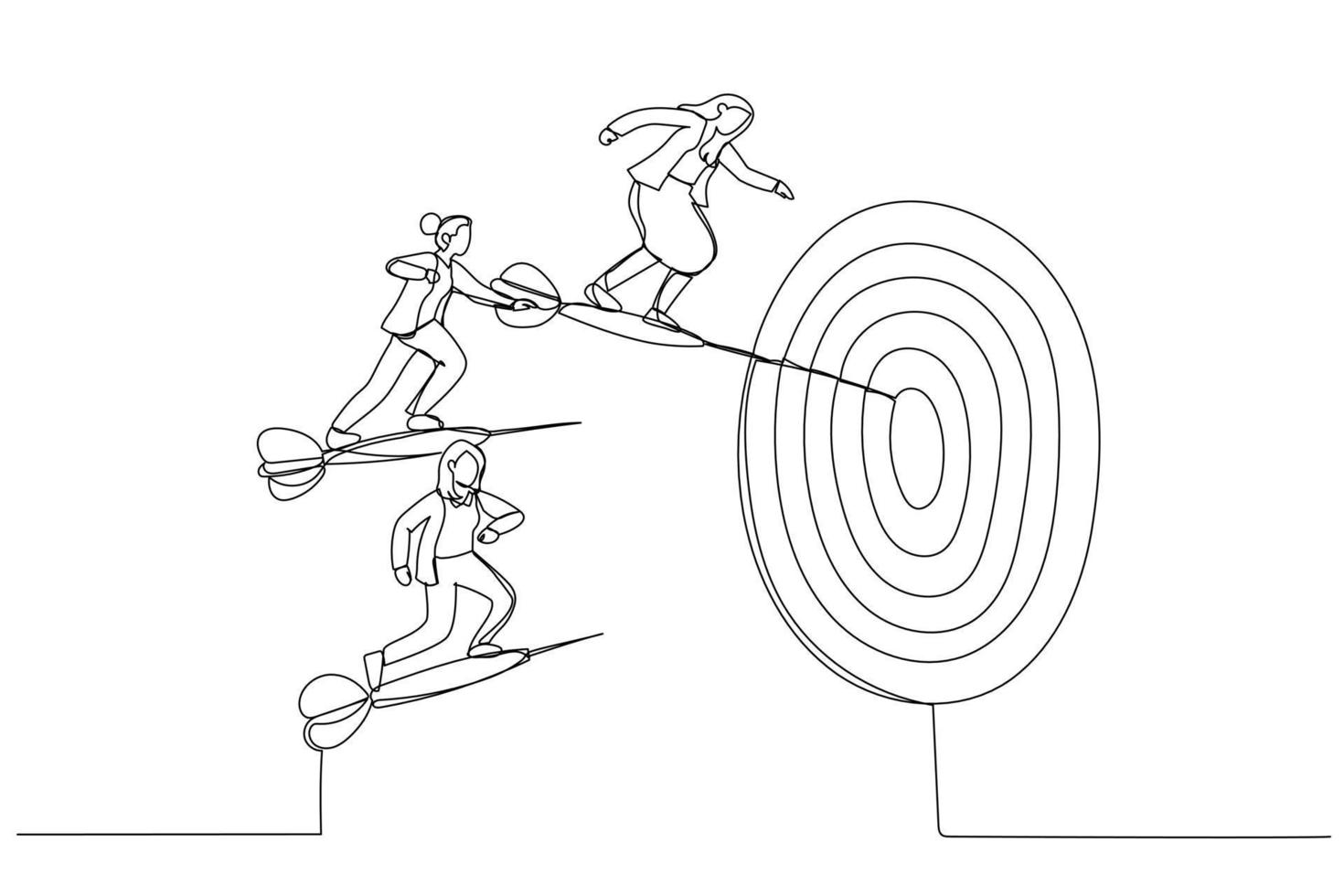 Drawing of businesswomen stand on darts and fly together to the bulls eye. Single continuous line art style vector