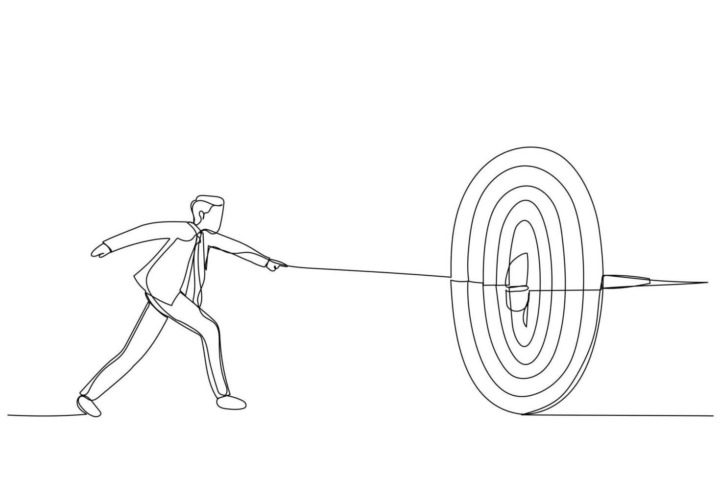 Illustration of businessman runs and throws a spear at a target. Metaphor for purpose, accuracy and skill. One continuous line art style vector