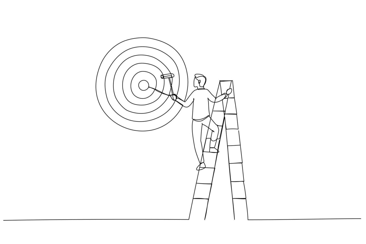 Drawing of ambitious businessman on ladder using paint roller to paint big dartboard, archery target. Single continuous line art vector