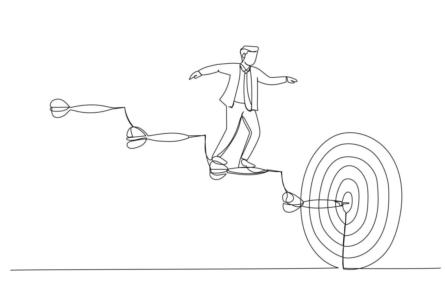 Cartoon of businessman goes up the stairs of arrows to the target. Concept of business path to the goal. Continuous line art vector