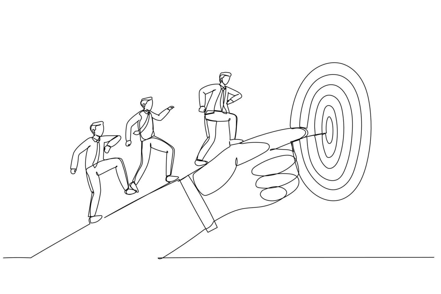 Cartoon of businessman hand pointing to the target. Single continuous line art style vector