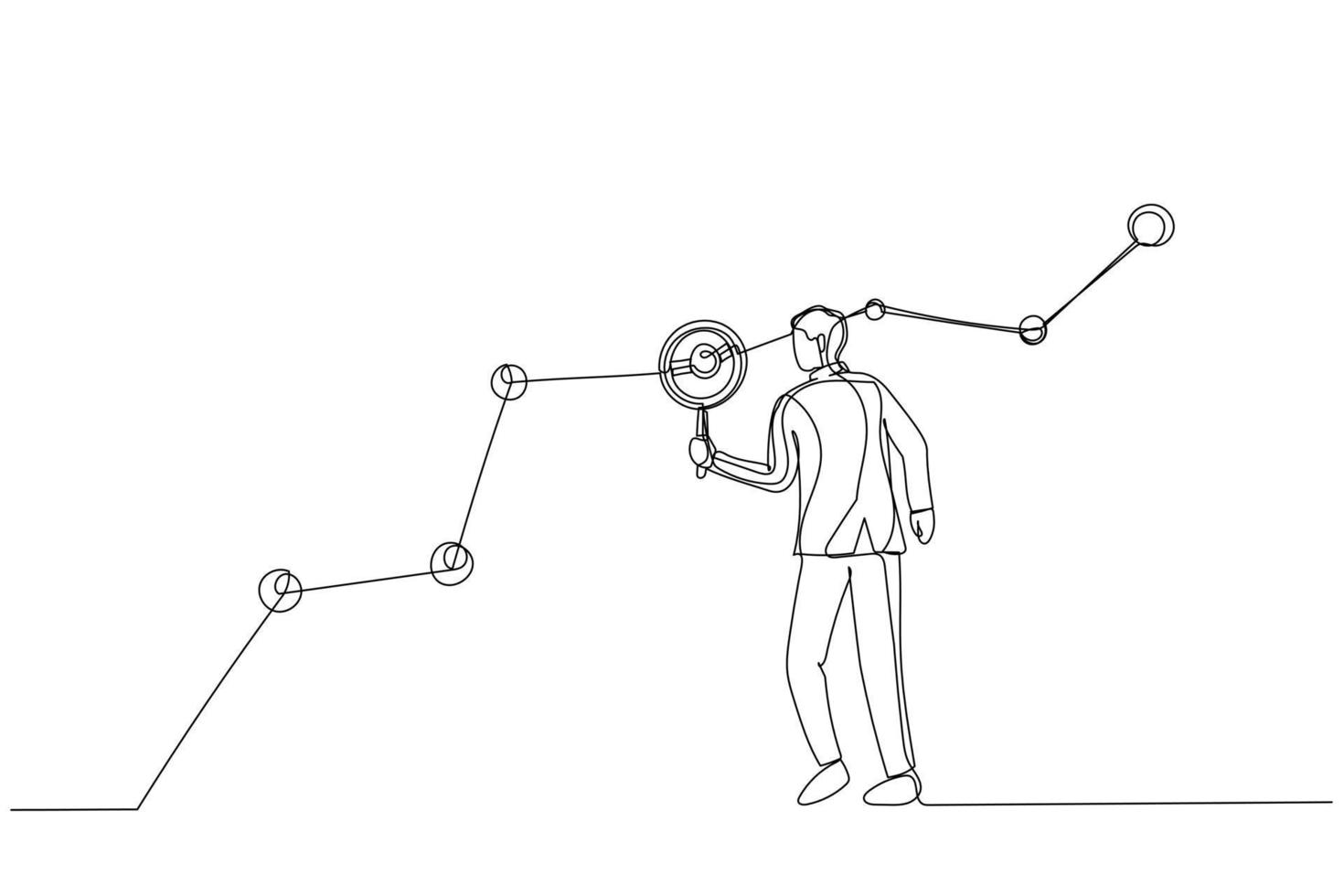 Drawing of businessman marketer holding magnifying glass analyze customer data graph and chart. Single line art style vector