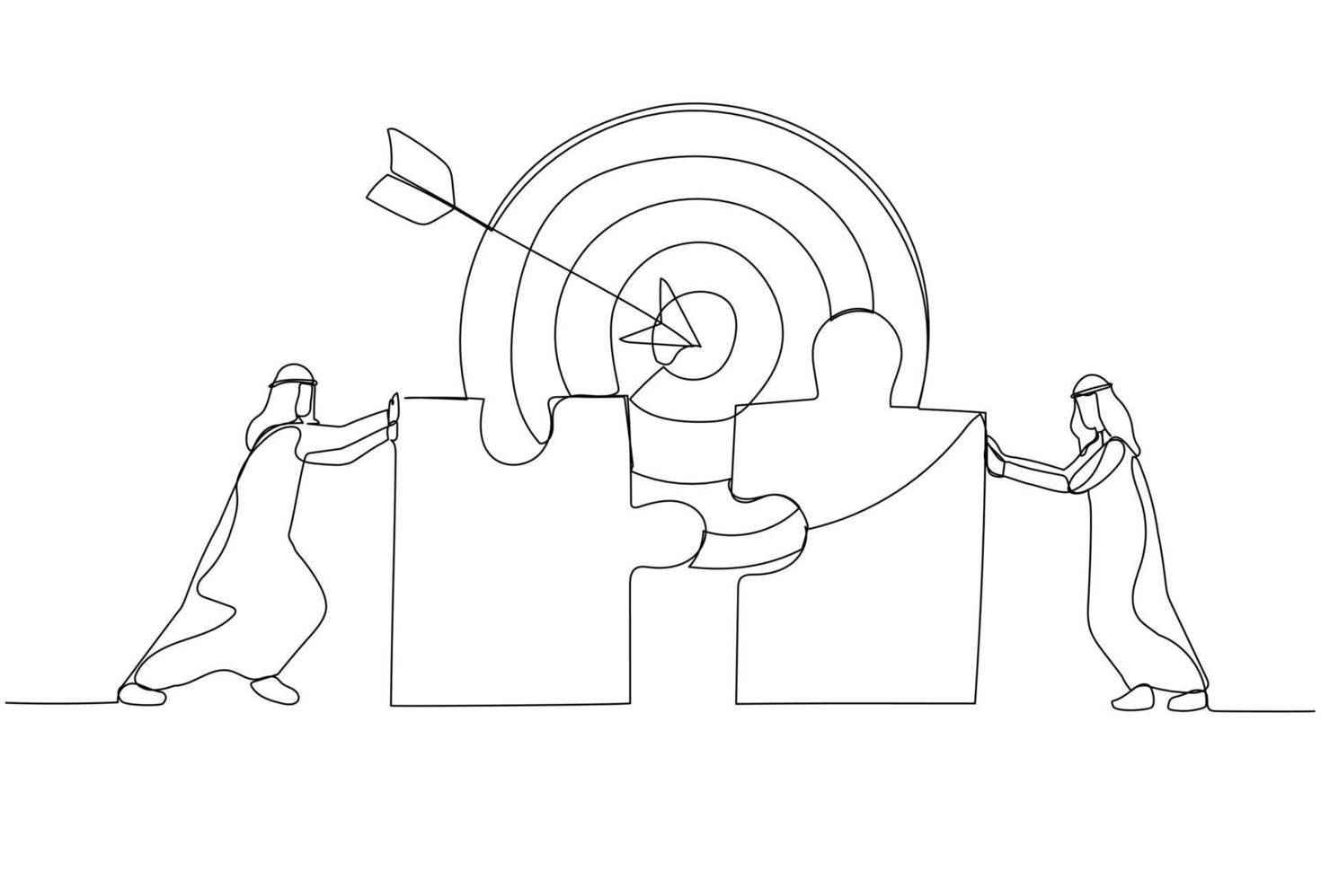 caricatura de empresarios árabes que conectan elementos de rompecabezas. metáfora para el logro de objetivos de éxito en el trabajo en equipo. estilo de arte de una sola línea vector