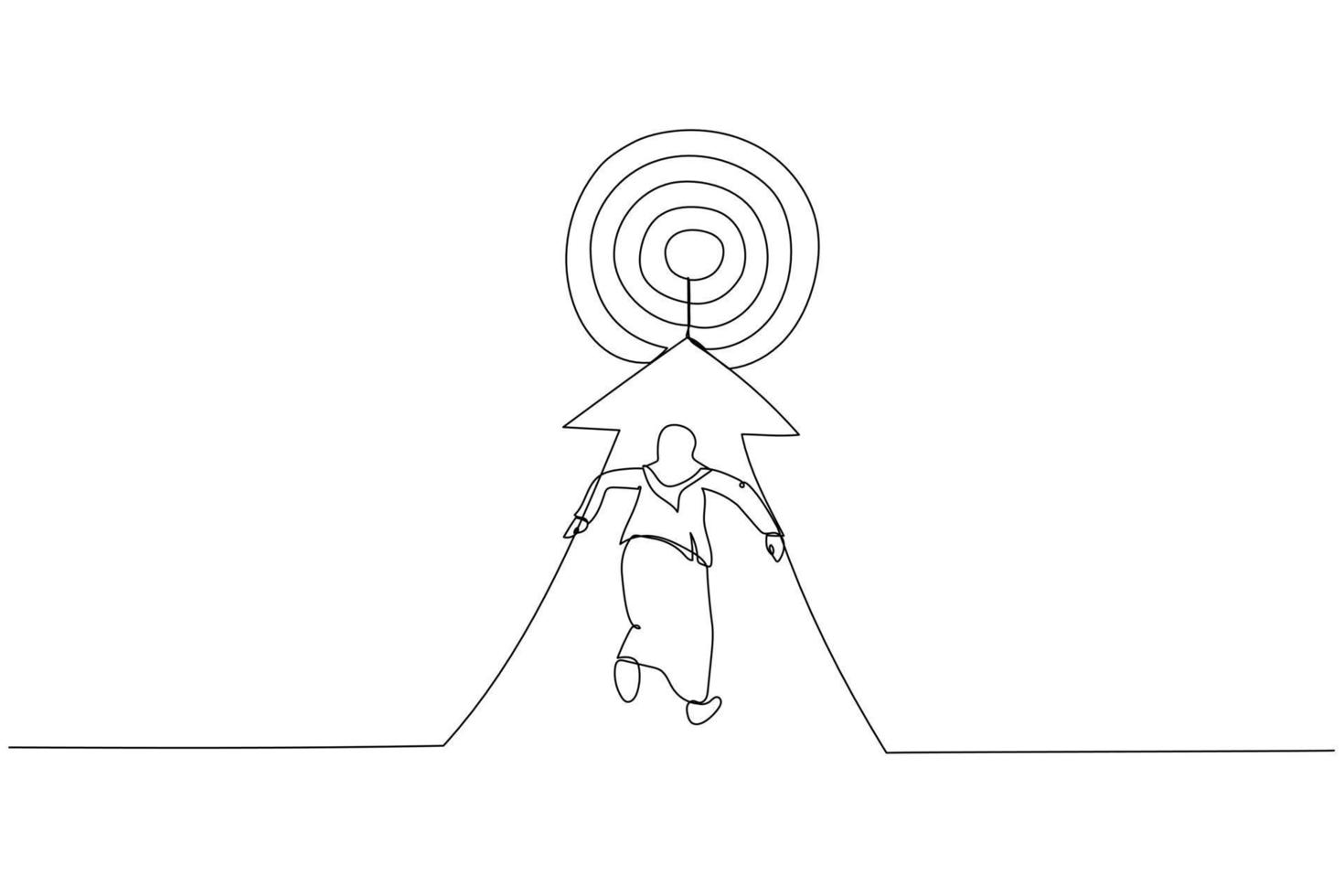 Drawing of muslim businesswoman running to the target. Metaphor for reaching the target. Single continuous line art style vector