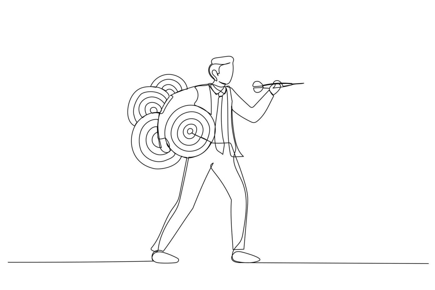 Drawing of confident businessman carrying many dartboard target. Metaphor for handling multiple businesses simultaneously, multitasking. Single line art style vector