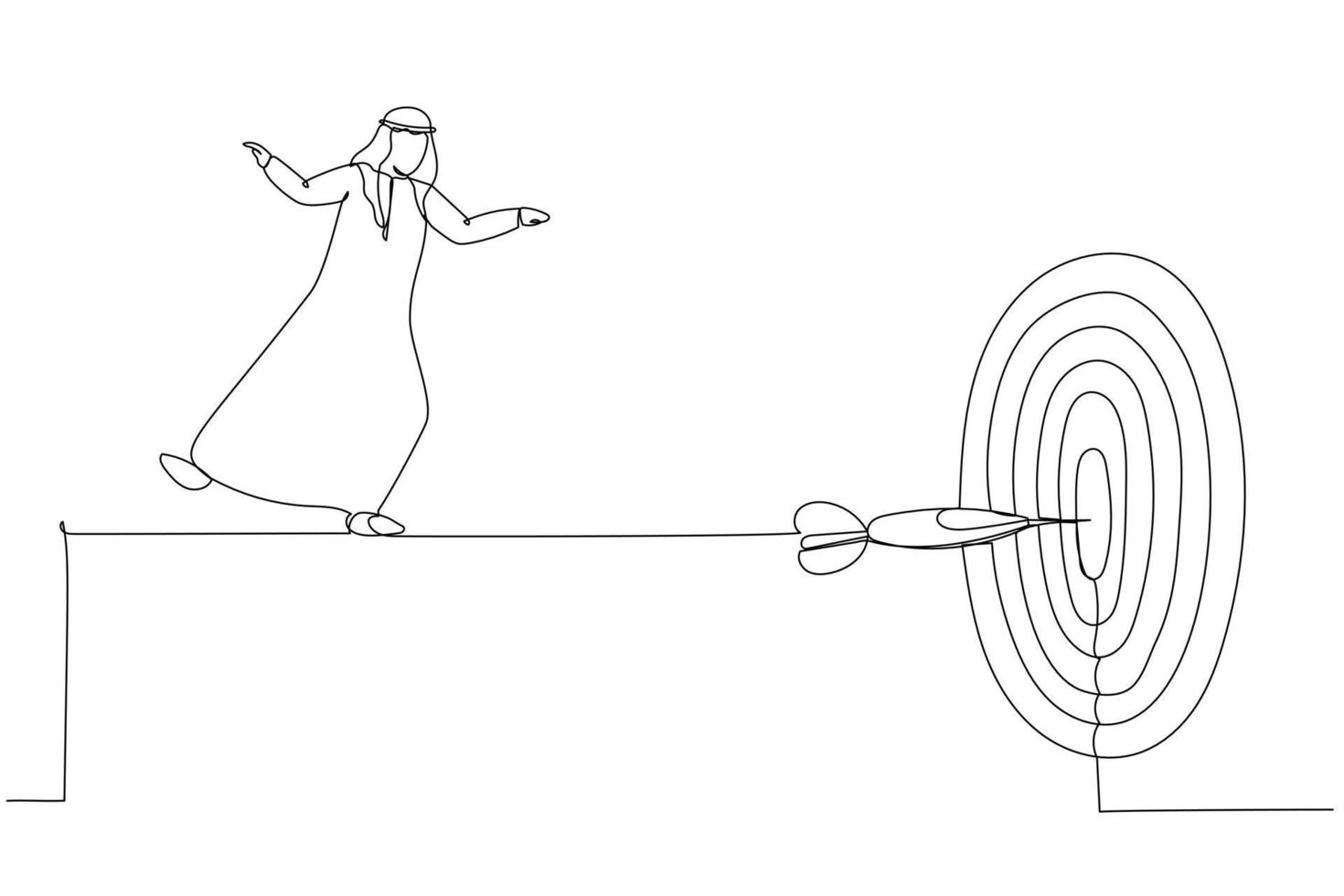 Cartoon of skillful arab businessman acrobat walk on rope to reach bullseye dart target. Metaphor fro challenge to overcome difficulty and achieve business target. One line art style vector