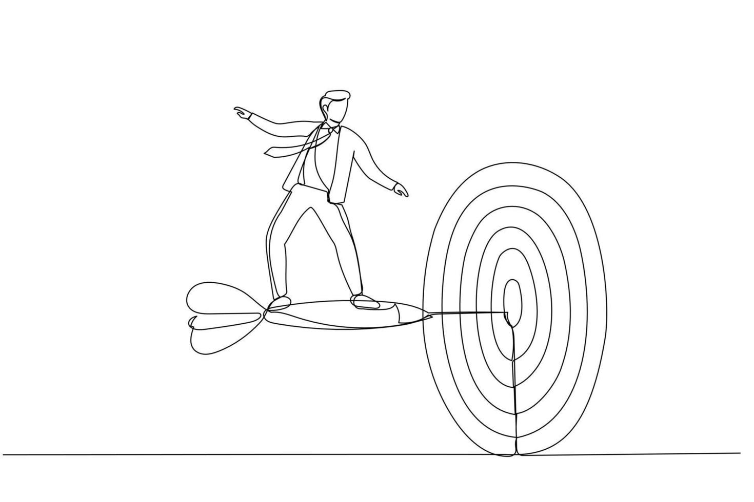 Drawing of businessman with briefcase standing on dart to achieve business goal. Metaphor for solution, achievement, mission, and direction. Single line art style vector