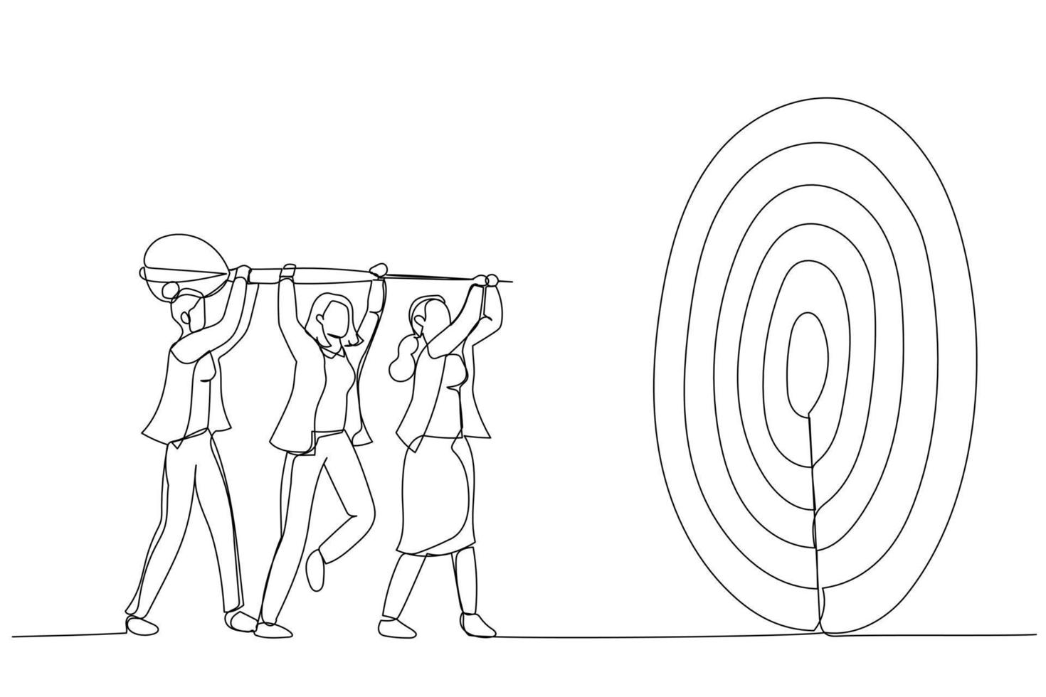 Illustration of businesswoman help holding dart aiming on bullseye target. Metaphor for team goal, teamwork collaboration. Single line art style vector
