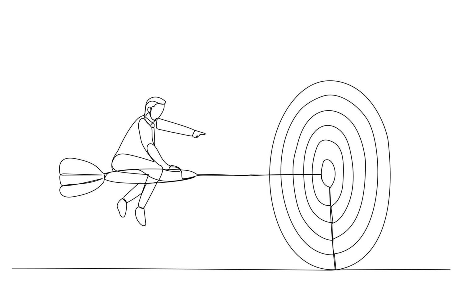 Cartoon of confidence businessman riding dart aiming for target. Metaphor for target, goal, and strategy. Continuous line art vector