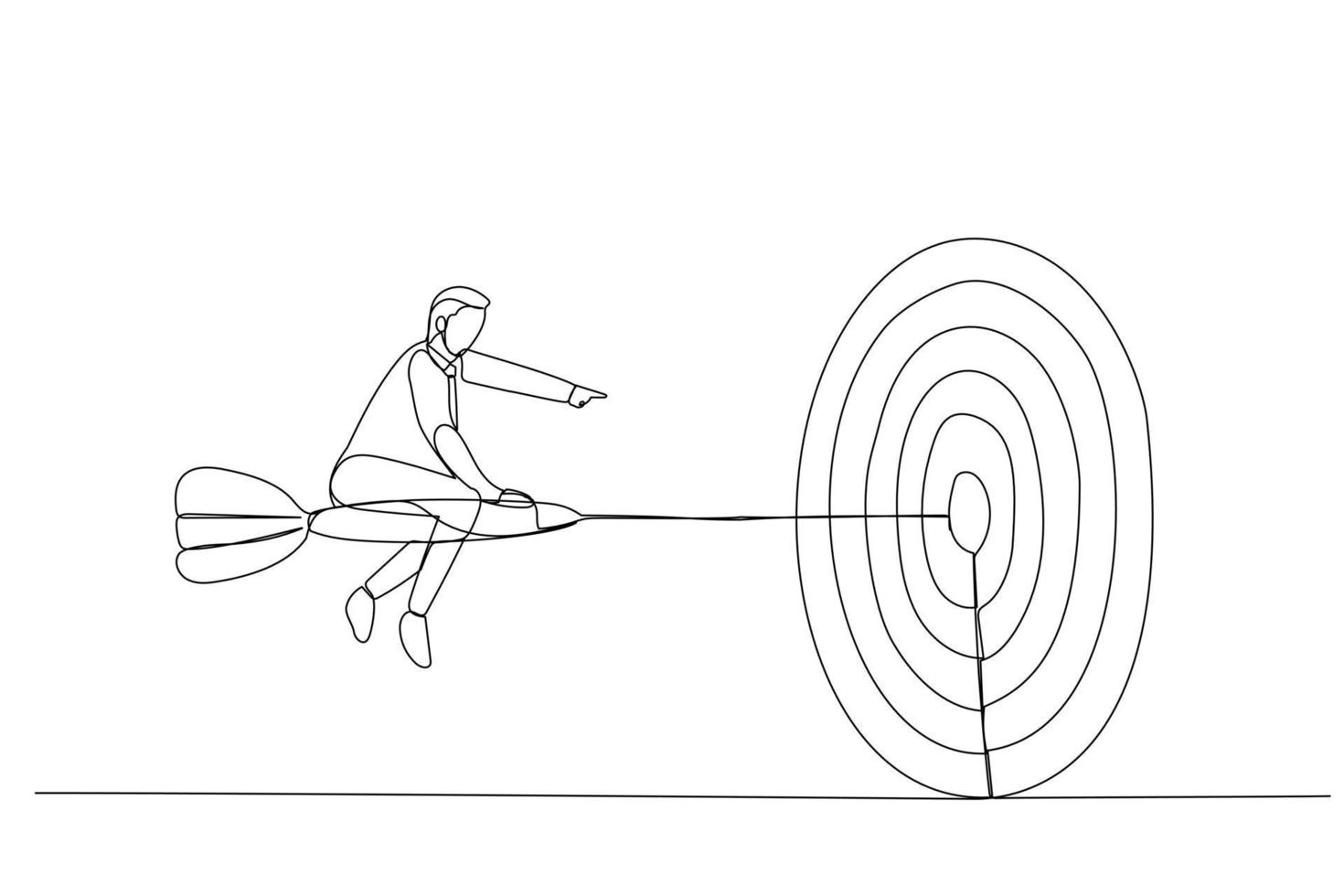 caricatura de un hombre de negocios de confianza montando un dardo apuntando al objetivo. Metáfora de destino, meta y estrategia. arte de línea continua vector