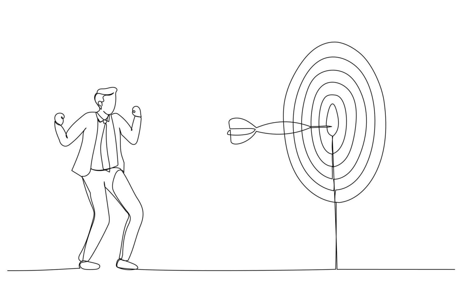 Cartoon of businessman hitting the center of target. Concept for business idea. Single continuous line art style vector