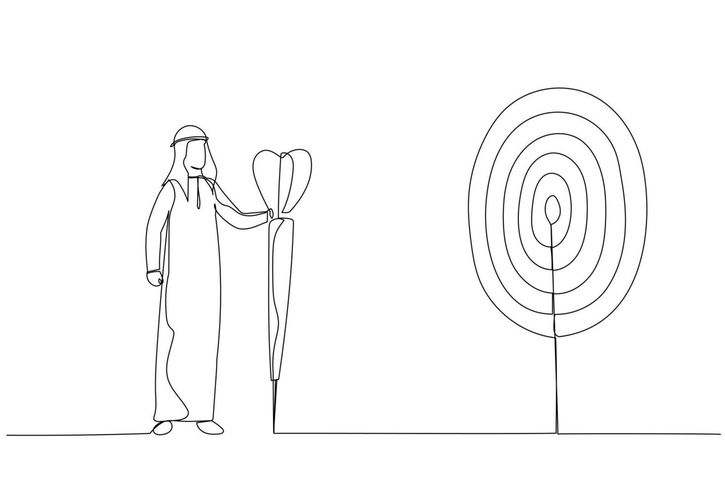 Cartoon of purposeful arab businessman with spear in hand looks at the target. Metaphor for achievement of goal. One line style art vector