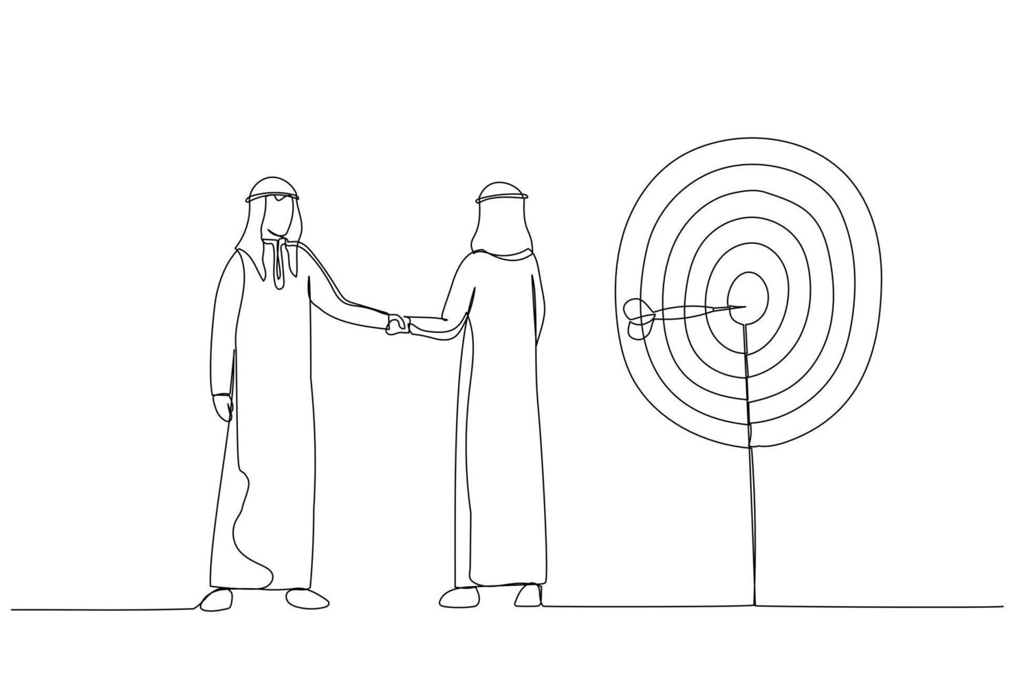 Drawing of arab businessman shake each other's riches. Metaphor for successful deal. Single continuous line art style vector